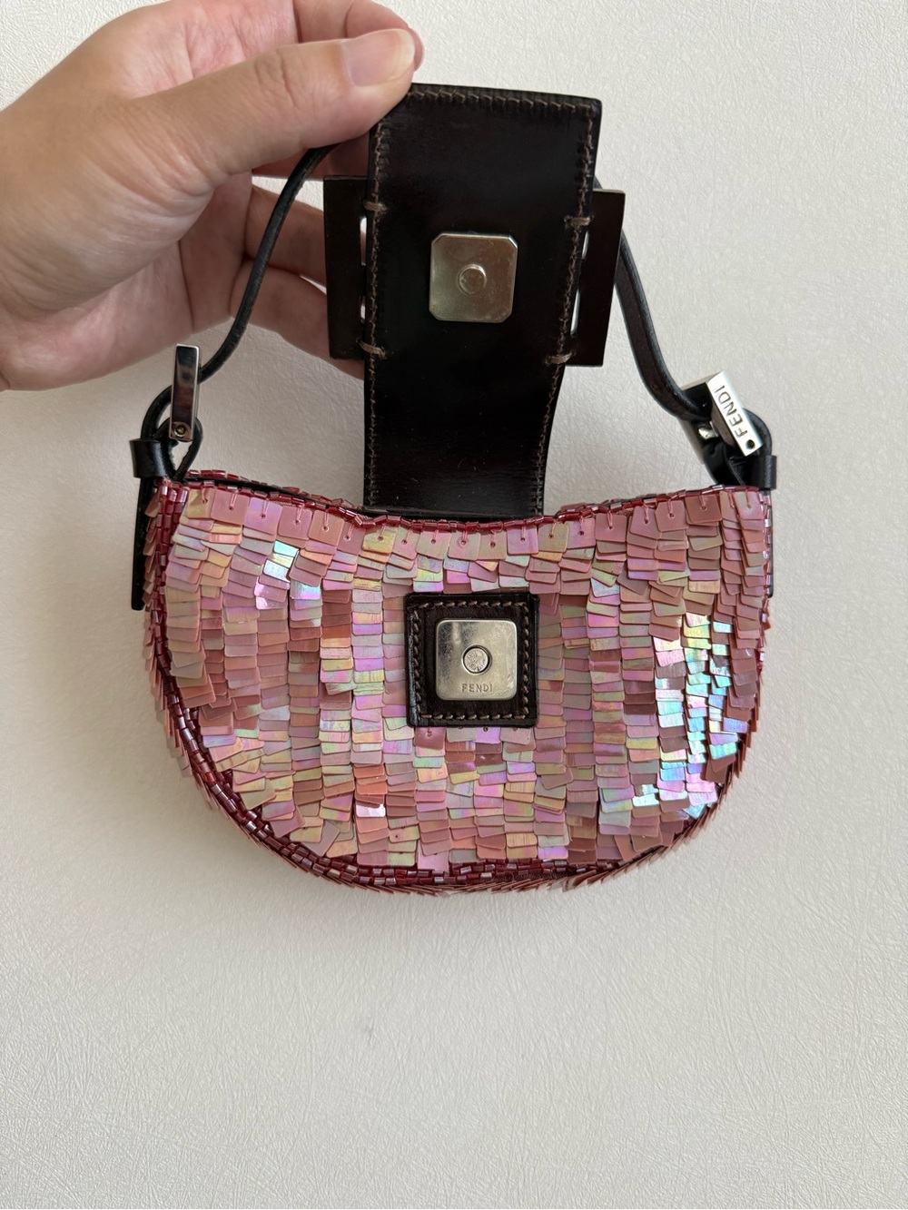 Vintage Fendi Pink Iridescent Sequin Croissant Handbag - Picture 6 of 9